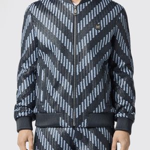 Philipp Plein Blue Chevron Woven Lambskin Leather Bomber Jacket for men