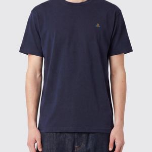 Vivienne Westwood Blue Cotton T-Shirt With Contrast Embroidered Orb Logo On The Chest for men