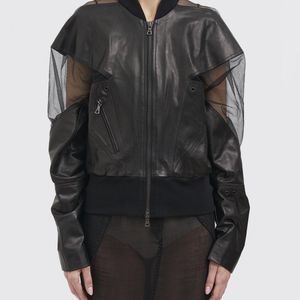 Yehuafan Grey Leather And Tulle Bomber Jacket