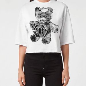 Philipp Plein White Jersey T-Shirt With Teddy Bear Print And Rhinestone Hexagon Logo
