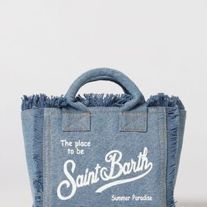 Mc2 Saint Barth Blue Vanity Cotton Denim Bag With Printed Logo