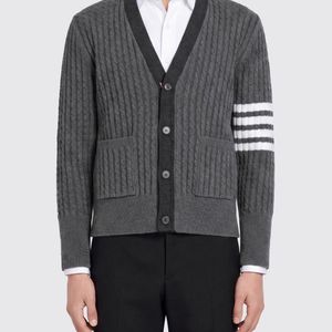 Thom Browne Grey 4-Bar V-Neck Virgin Wool Cardigan for men