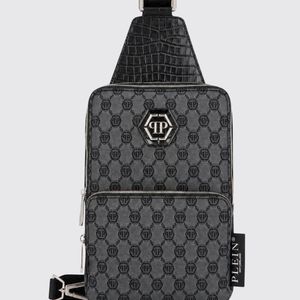 Philipp Plein Black Leather And Cotton Monogram Crossbody Bag With Hexagon Logo for men