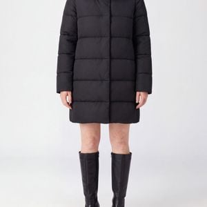 Herno Blue Knee-Length Water-Repellent Technical Satin Puffer Coat With Shearling Hood