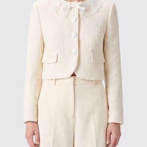 Self-Portrait Natural Cropped Bouclé Blazer With Lace Collar And Inserts