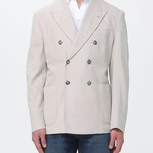 Manuel Ritz Grey Double-Breasted Cotton Blazer With Peak Lapels And Patch Pockets for men