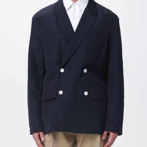 Emporio Armani Blue Double-Breasted Linen And Cotton Blazer for men