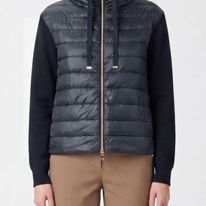 Herno Blue Hooded Cropped Down Jacket With Cotton And Nylon Knit Inserts