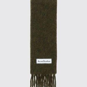 Acne Green Alpaca And Wool Blend Fringed Scarf With Embroidered Logo