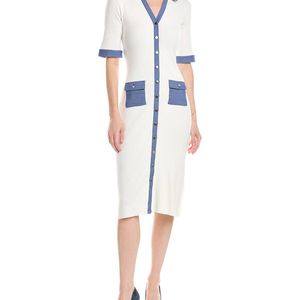 Tahari White Elbow Sleeve Split Neck Rib Dress
