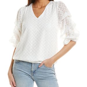 Vince Camuto White V Neck Bubble Sleeve Top