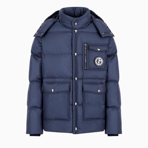 Giorgio Armani Blue Hooded Bomber Jacket With Goose-Down Padding Asv for men