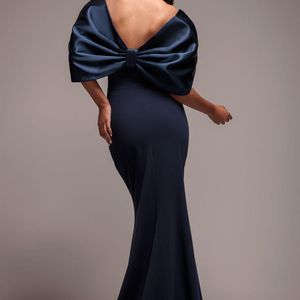 Goddiva Blue Off Shoulder Back Satin Bow Scuba Maxi Dress