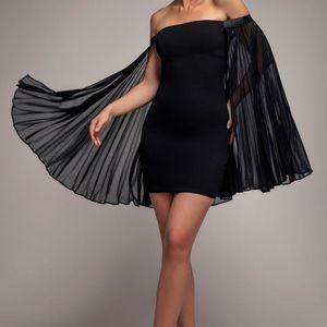 Goddiva Black Strapless Mini Dress With Pleated Chiffon Cape