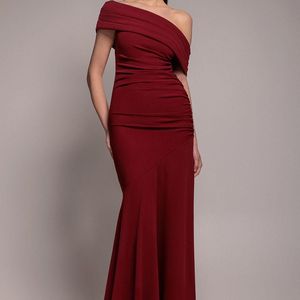 Goddiva Red Pleated One Shoulder Bardot Fit And Flare Maxi Dress