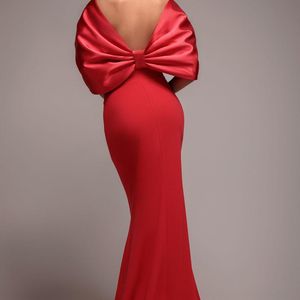 Goddiva Red Off Shoulder Back Satin Bow Scuba Maxi Dress
