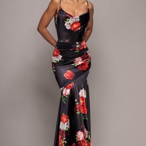 Goddiva Black Floral Print Satin Cowl Neck Maxi Dress