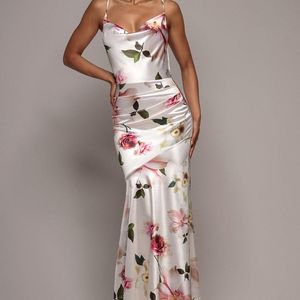 Goddiva Natural Floral Print Satin Cowl Neck Maxi Dress