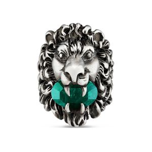 Gucci Green Lion Head Ring With Crystal for men