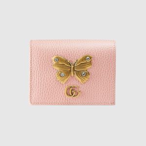 Gucci バタフライ レザー カードケース (コイン&紙幣入れ付き) ピンク