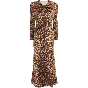 Saloni Brown Satin Beaded Cheetah Print Claudia Midi Dress
