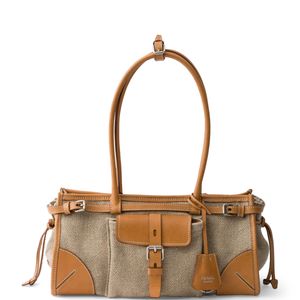Prada Brown Small Linen-Leather Bonnie Top-Handle Bag