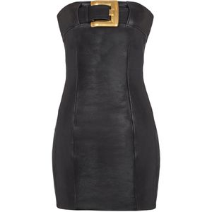 Balmain Black Lambskin Belt-Detail Mini Dress