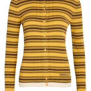 Moncler Yellow Striped Ribbed Cotton-Knit Polo Top