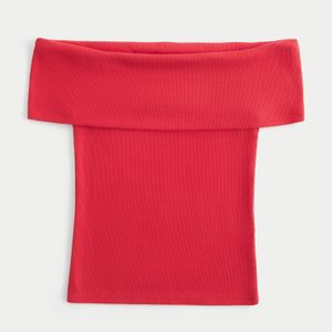 Hollister Red Ribbed Off-the-shoulder Foldover Top
