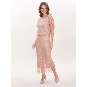 Gina Bacconi Pink Arleen Long Blouson Fringe Hem Dress