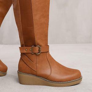 Where's That From Brown Ayleen Wide Calf Wedge Heel Knee High Boots With E