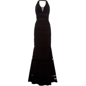 JS Collections Black V Neck Mesh Panel Gown