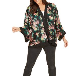 Yumi' Black Floral Satin Kimono
