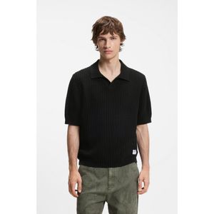 HUGO Black Waffle-Structure Knit Polo With Johnny Collar for men