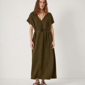 Hush Green Linen Blend Remy Pleated Midi Dress