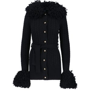 Patou Black Tweed-Trim Belted Knit Cardigan
