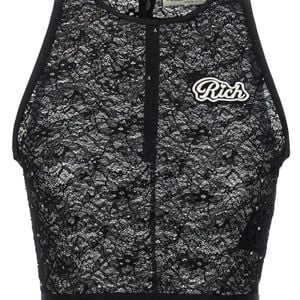 Alessandra Rich Black Rhinestone-Embellished Lace Tank Top