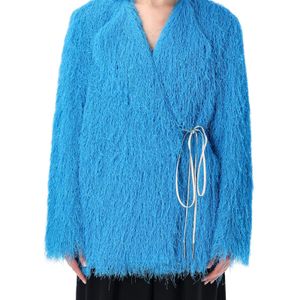 Dries Van Noten Blue Collarless Fringed Jacket