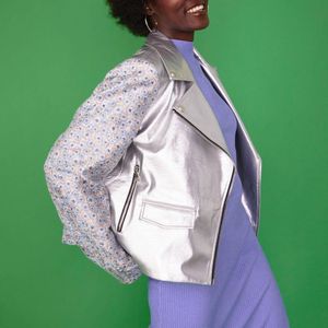 Jayley Green Biker Jacket With Floral Embroidered Sleeves And Back Si
