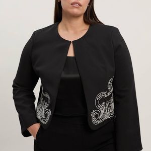 Karen Millen Black Plus Size Tailored Cutwork Detail Collarless Jacket