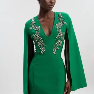 Karen Millen Green Bandage Form Fitting Cape Sleeve Embellished Mini Dress