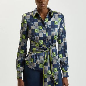 Karen Millen Blue Petite Geo Print Hammered Satin Tie Waist Woven Shirt
