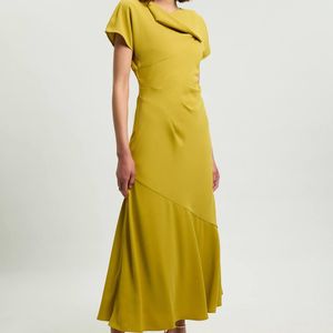 Karen Millen Yellow Brush Stroke Print Twill Angel Sleeve Woven Maxi Dress