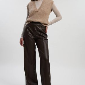 Karen Millen Brown Faux Leather Seam Detail Wide Leg Tailored Trouser
