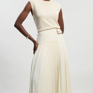Karen Millen Natural Forever Tailored Crepe Pleated Wrap Buckle Detail Maxi Skirt