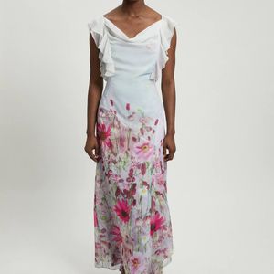 Karen Millen Pink Crinkle Georgette Floral Print Ruffle Sleeve Woven Midi Dress