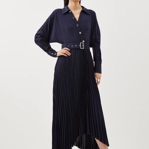 Karen Millen Blue Petite Jersey And Georgette Mix Belted Pleat Midi Dress