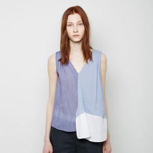 Band of Outsiders Blue Patch Stripe Sleeveless Faux Wrap Shirt