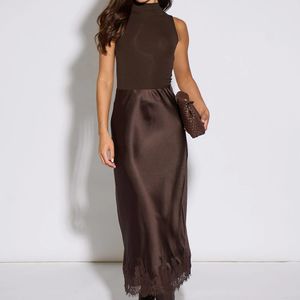 Gini London Brown Contrast Lace Trim Satin Bias Skirt
