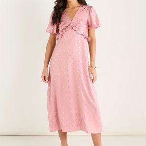 Gini London Pink Blush Metallic Foil V Neck Midi Dress